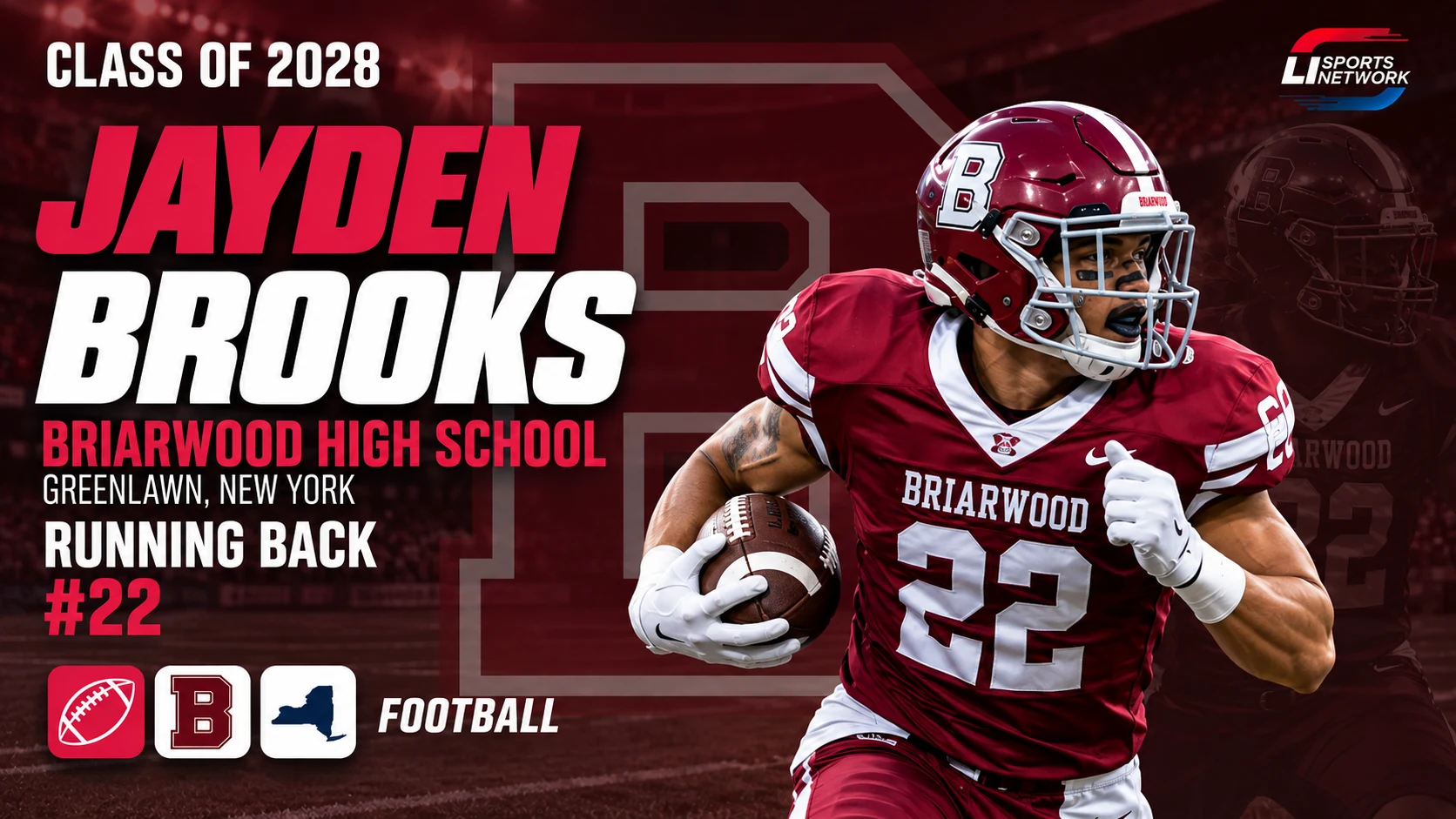 Football cover design with a fictitious player profile, graduation year, position and school affiliation