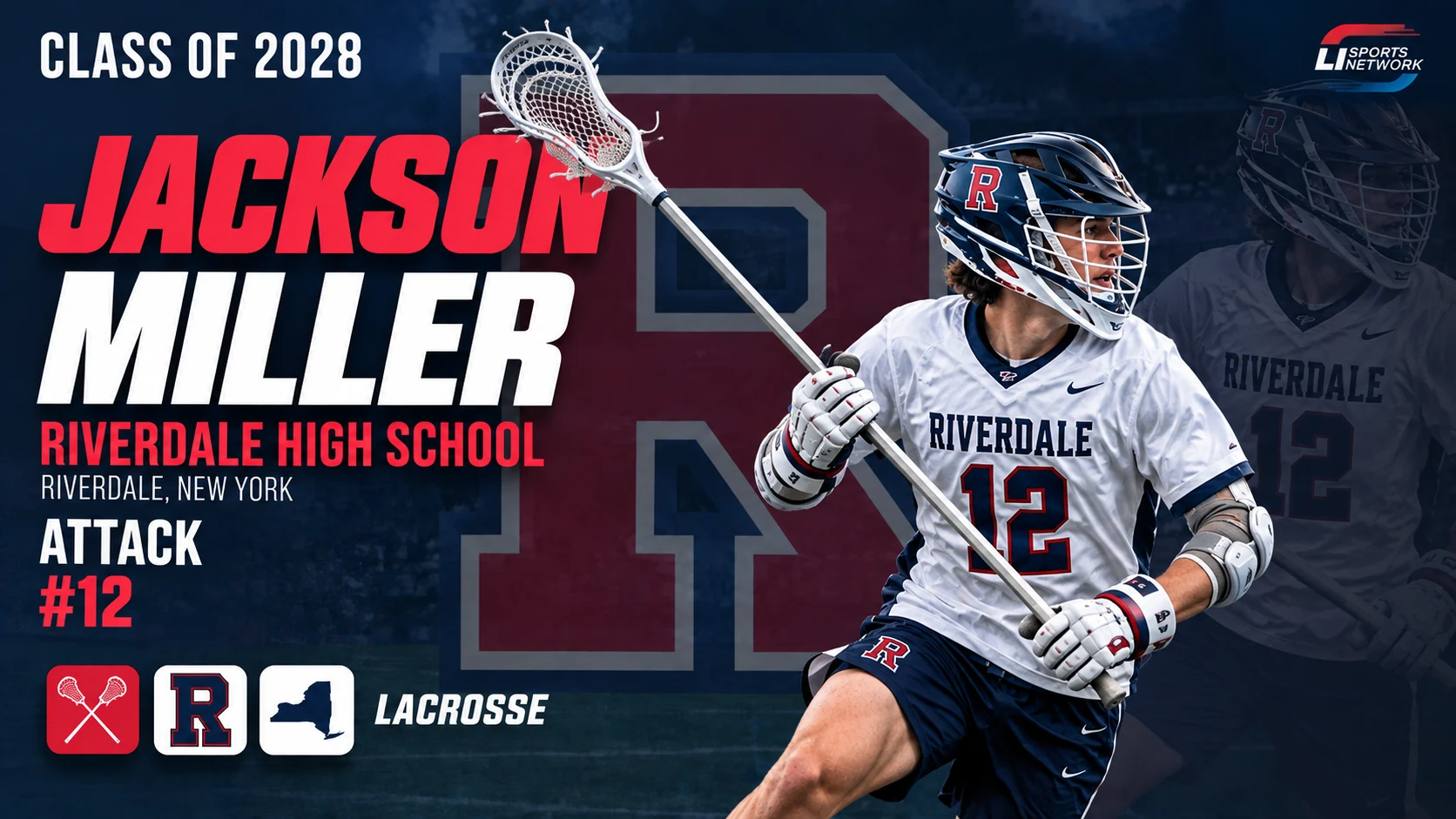 Lacrosse cover design with a fictitious player profile, graduation year, position and school affiliation