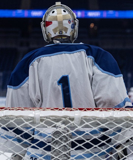 Hockey goalkeeper seen from behind at the net